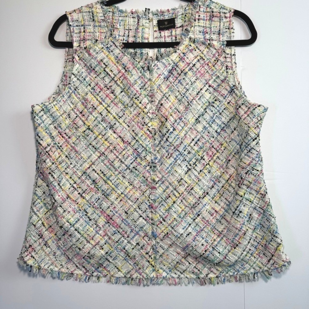 Worthington Sleeveless Tweed Shell Top Multi Color Pastel Frayed Hem Size M